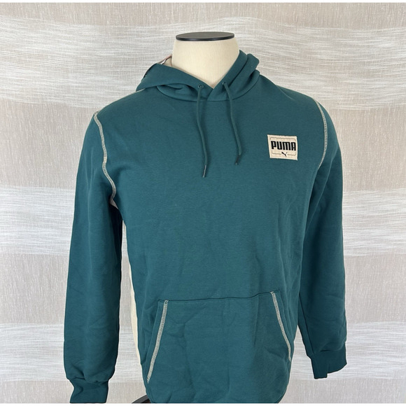 Puma Patched Up Men's Large Hoodie Malachite Teal Green Pullover Sweatshirt L - Picture 2 of 11